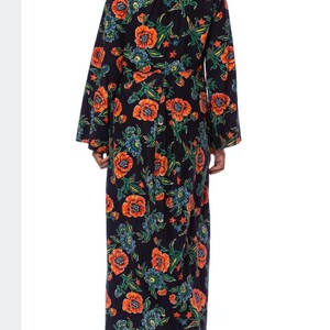 1940S Navy Blue Cotton Flannel Orange Floral Duster Robe image 3