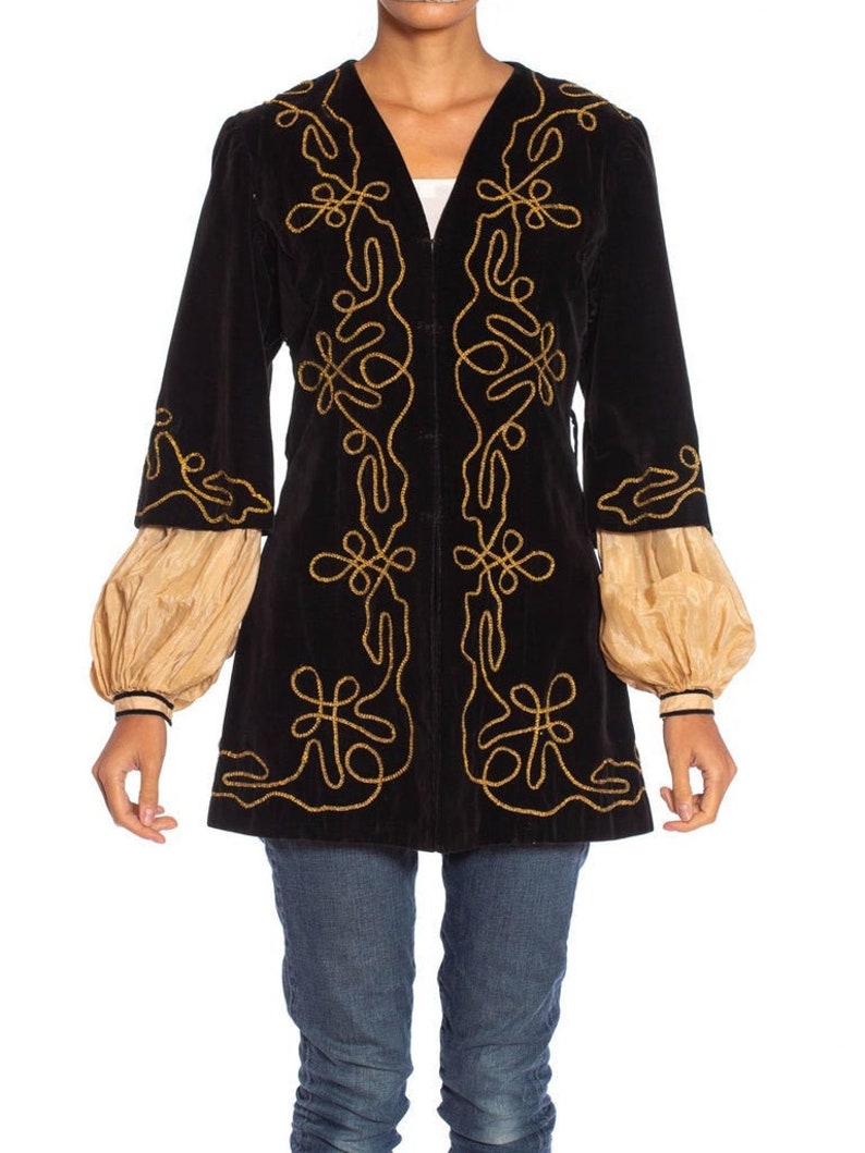 1900S Antique Black Cotton Velvet Medieval Theatrical Costume Jacket With Gold Braid Details image 1