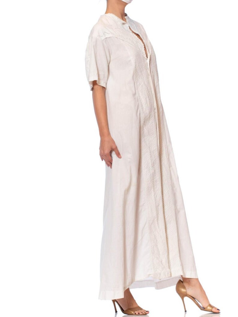 Victorian Off White Hand Embroidered Organic Linen Short Sleeve Nightgown Duster Dress image 9