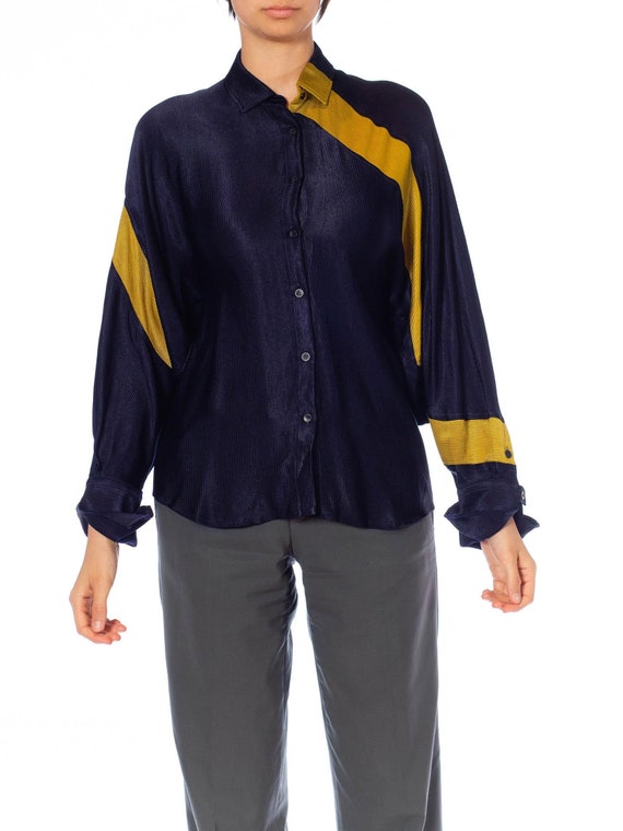 2000S Navy Blue  Citrine Silk Modernist Blouse