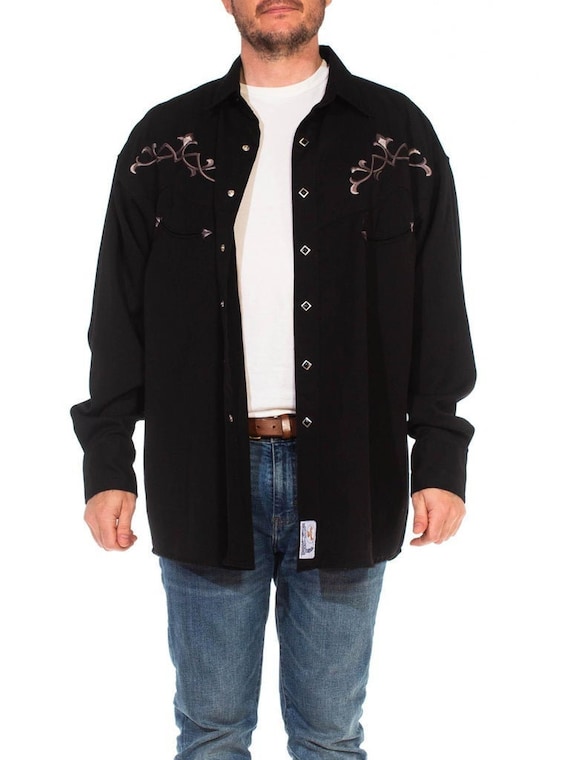 1990S Black Poly/Rayon Embroidered Goth Western M… - image 1