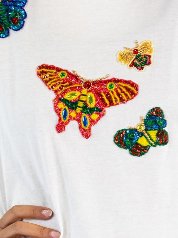 1990S Escada White Cotton Jersey Butterfly Sequin… - image 8