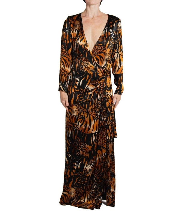 1980S Yves Saint Laurent Black Tiger Print Silk S… - image 1