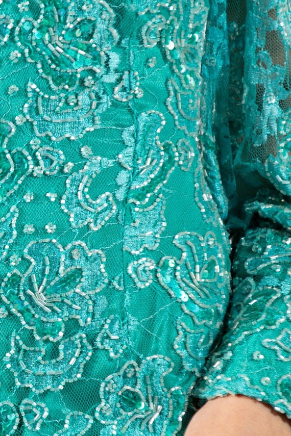 1980S Teal Beaded Rayon Lace Gown With Sleeves - image 9