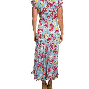 1940S Aqua Blue & Pink Cold Rayon Floral Zip-Front Dress image 5