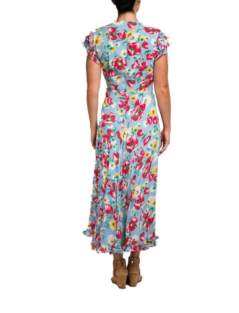 1940S Aqua Blue & Pink Cold Rayon Floral Zip-Front Dress image 5