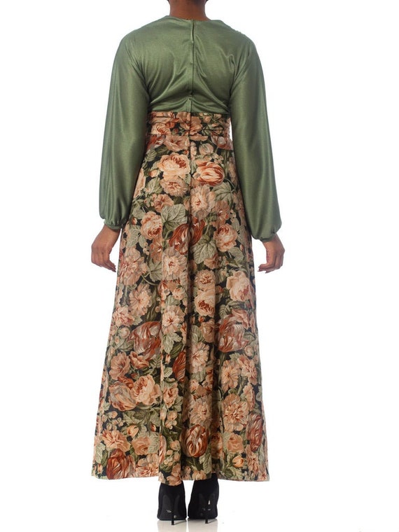 1970S Olive Green Floral Polyester Maxi Dress Wit… - image 3