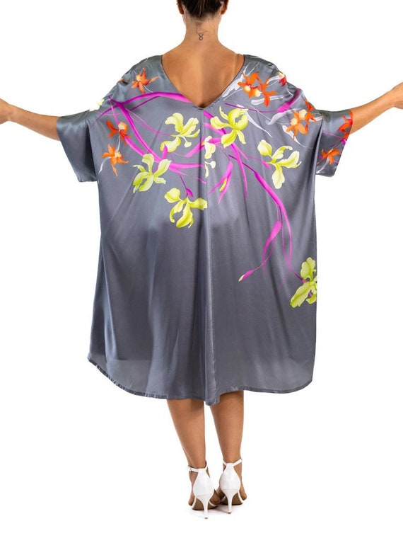 1990S Grey Silk Charmeuse Tropical Floral Tunic D… - image 4