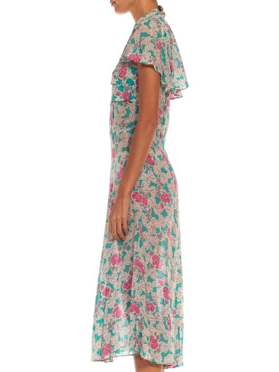 1940S Teal  White Floral Print Rayon Chiffon Dress - image 2