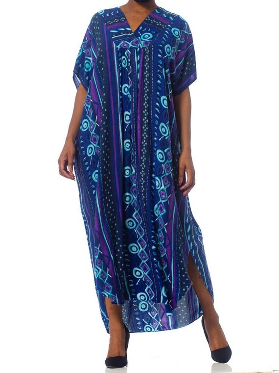 1970S Blue Printed Rayon Kaftan