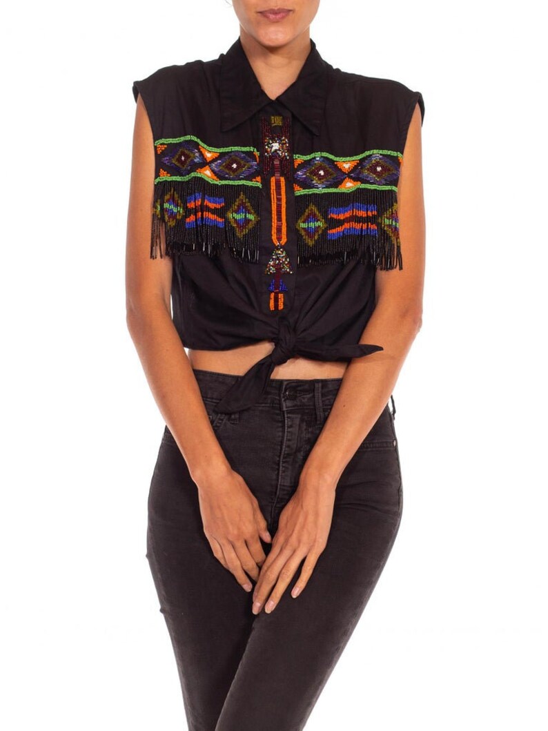 1970S Black Beaded Cotton Top image 7