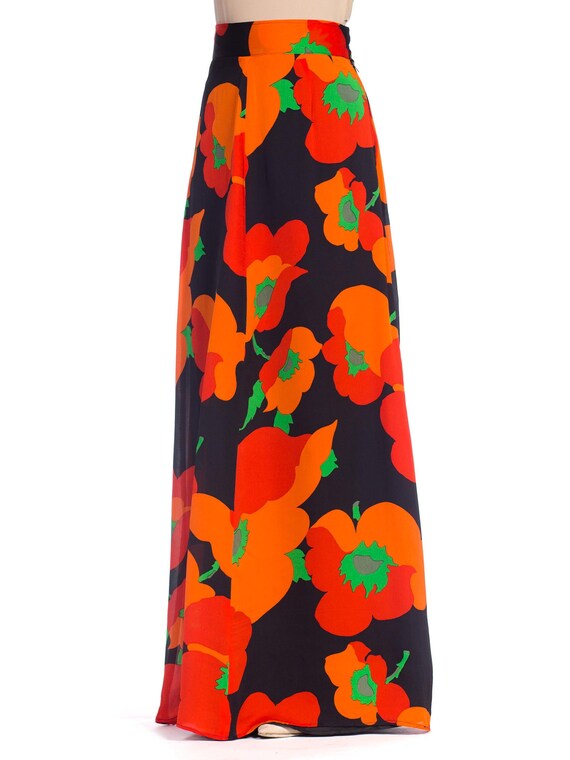 1970S Black & Red Silk Chiffon Poppy Print Fully L