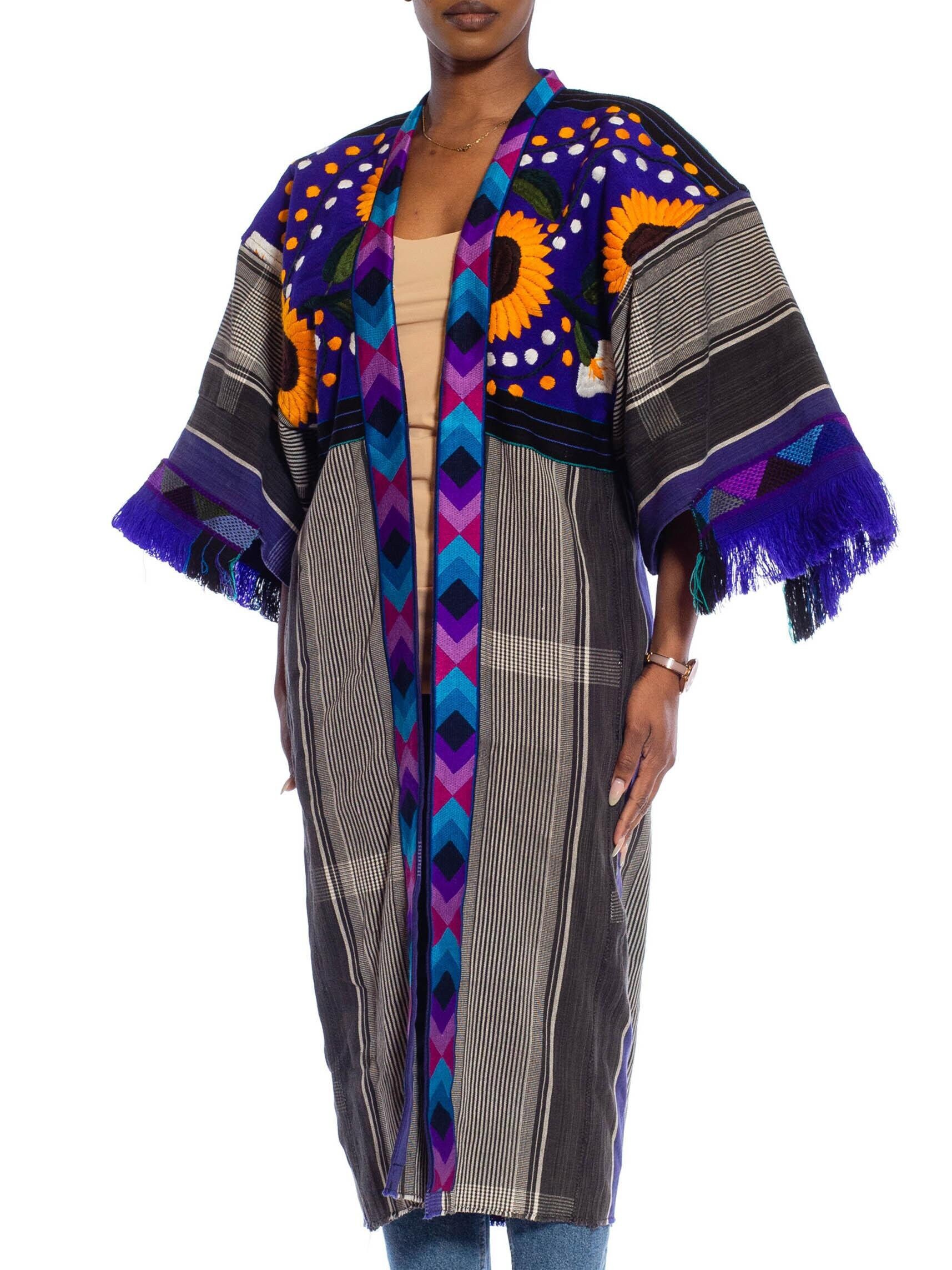 MORPHEW COLLECTION Royal Blue, Sunflower African Cotton Duster With Vintage Hand-Embroidered Details
