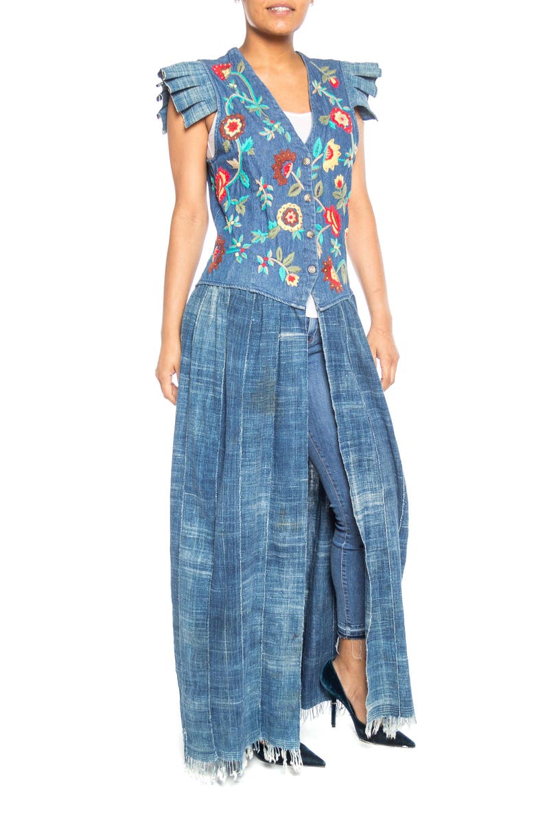 MORPHEW COLLECTION Floral Embroidered Cotton Denim & African Indigo Maxi Duster image 3