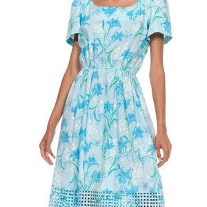 1980S Lilly Pulitzer Light Blue Floral Print Cotton Basket Weave Hem Dress With Elastic Waist image 5