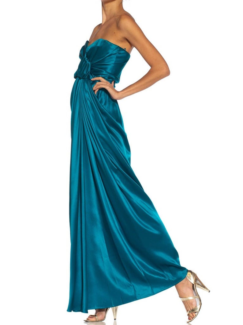 1980S Yves Saint Laurent Teal Haute Couture Silk Satin Draped Strpless Gown 画像 6