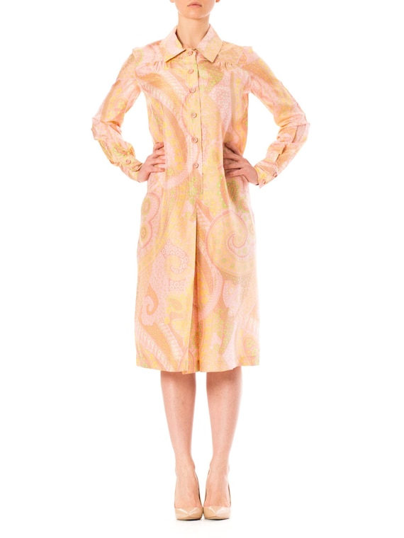 1970S Floral Silk Coral Pink Paisley Print Long Sl