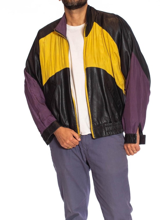 1990S Black Leather Men's Bomber Jacket With Yell… - image 5