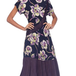 1940S Navy, Lime Green & Purple Rayon Floral Printed Dress With Taffeta Hem image 3