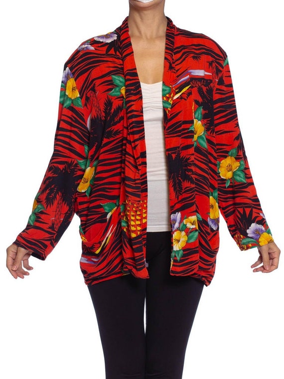 1970S Red Rayon Tropical Print Oversized Jacket - image 1