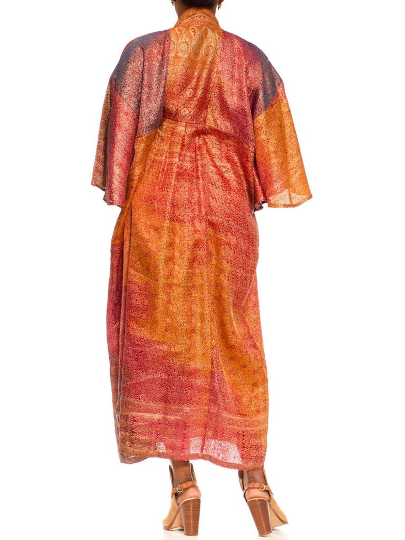 Morphew Collection Orange Yellow Multicolor Metallic Gold Silk Kaftan Made From Vintage Saris image 5
