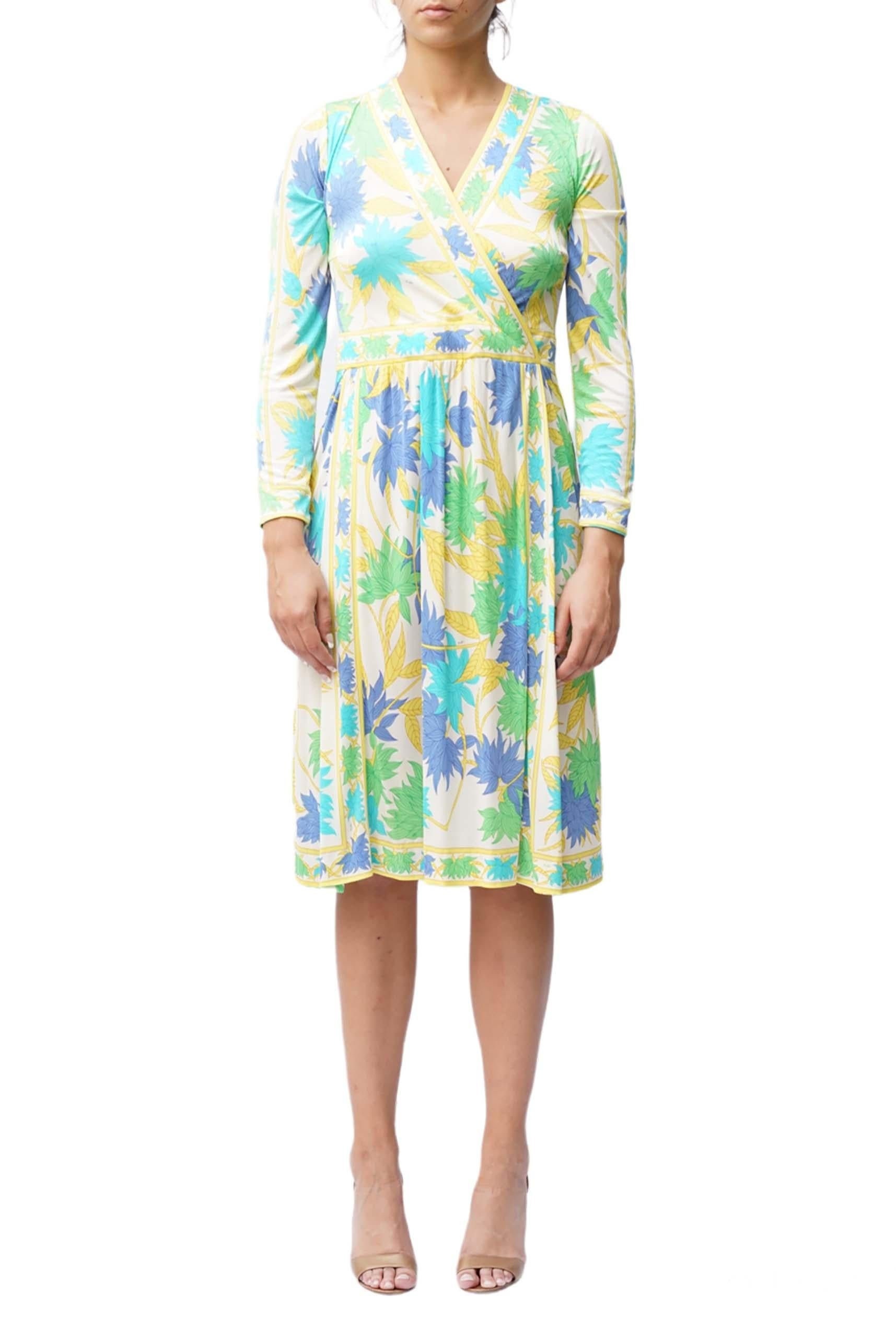 1960S Pucci Yellow Floral Print Silk Jersey As Is Long Sleeve Dress
