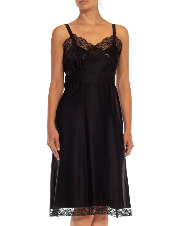 1950S Black Nylon Poly Satin & Lace Trim Slip Dre… - image 1