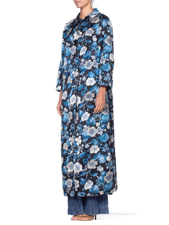 1950S Black & Blue Couture Grade Floral Silk Sati… - image 5