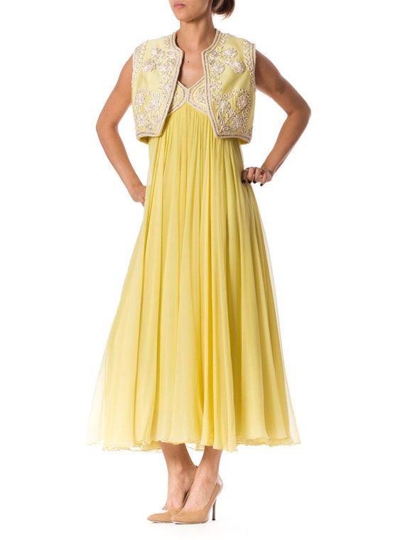 1960S Lemmon Yellow Beaded Silk Chiffon Empire Wa… - image 1