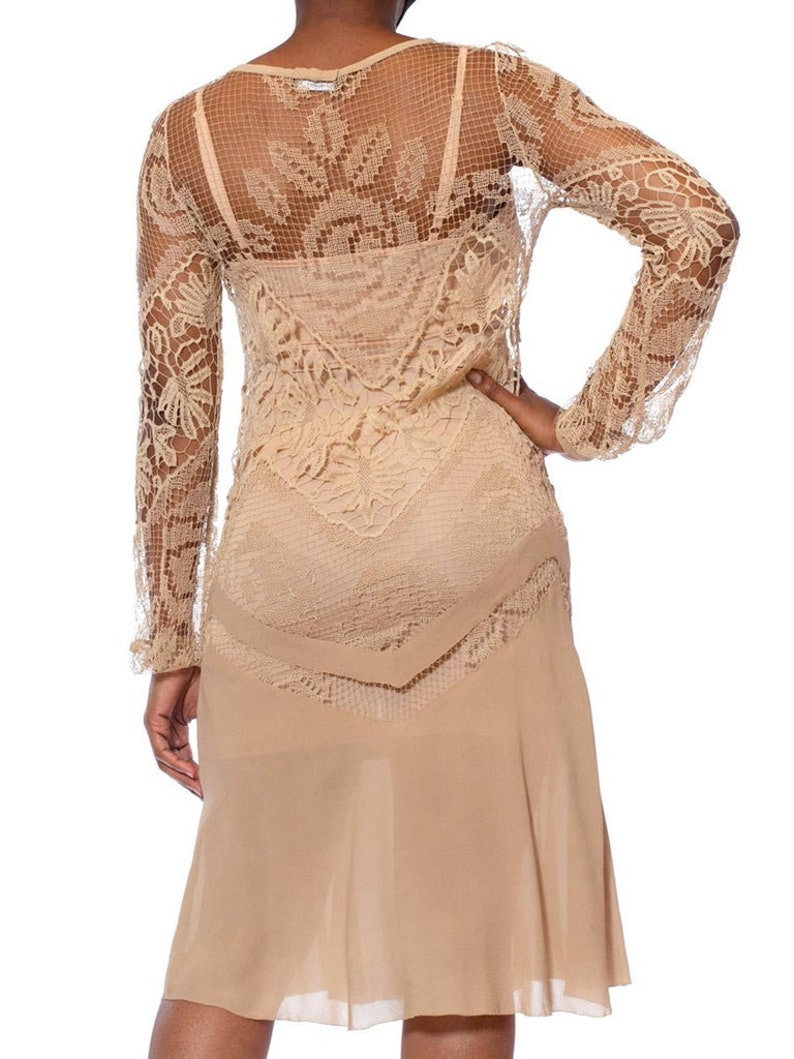 1920S Beige Handmade Lace Silk Chiffon Dress With Long Sleeves image 4