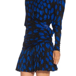 1980S Givenchy Black Blue Haute Couture Silk Jacquard Draped Cocktail Dress With Sleeves image 7