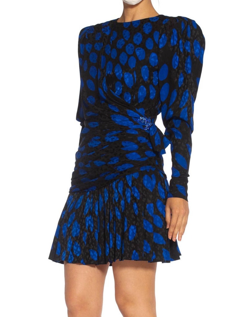 1980S Givenchy Black Blue Haute Couture Silk Jacquard Draped Cocktail Dress With Sleeves image 7