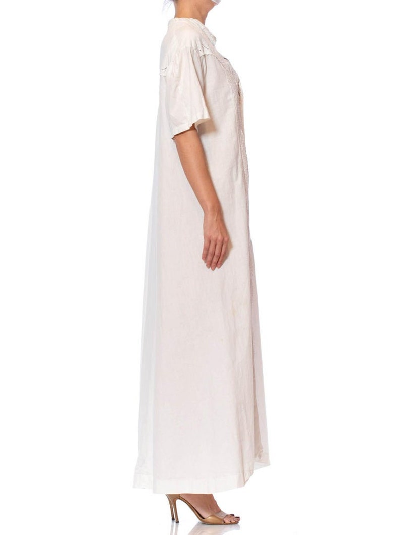 Victorian Off White Hand Embroidered Organic Linen Short Sleeve Nightgown Duster Dress image 10