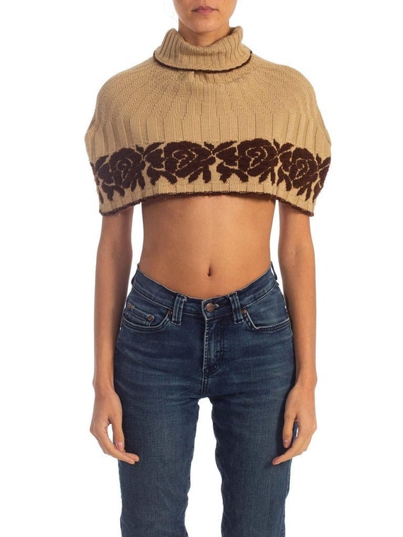 1970S Beige & Brown Wool Blend Knit Sweater Cape W