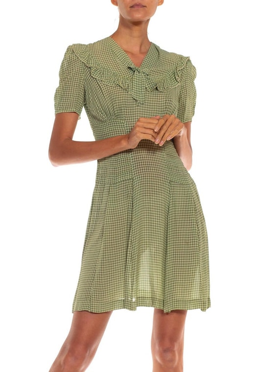 1930S Green  White Cotton Checkered Dress - image 4