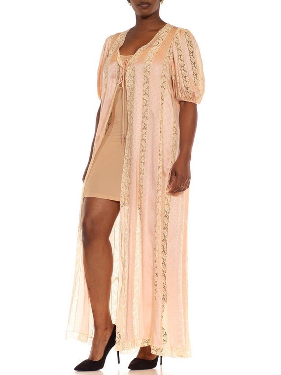 1970S Peach  Cream Silk Lace Duster - image 5