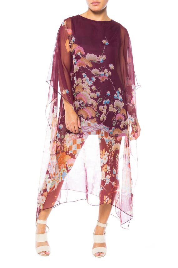 1970S Polyester Chiffon Sheer Asian Floral Print K
