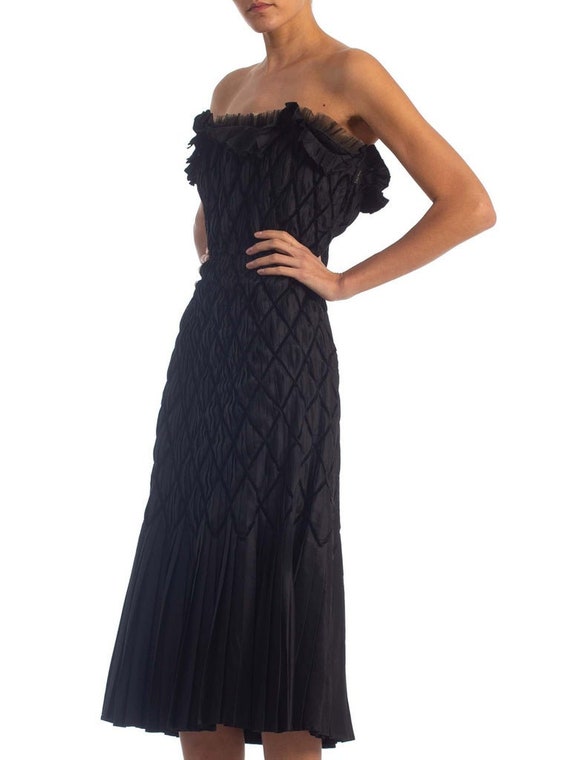 1950S Black Strapless Silk Taffeta Dress Pleated … - image 7