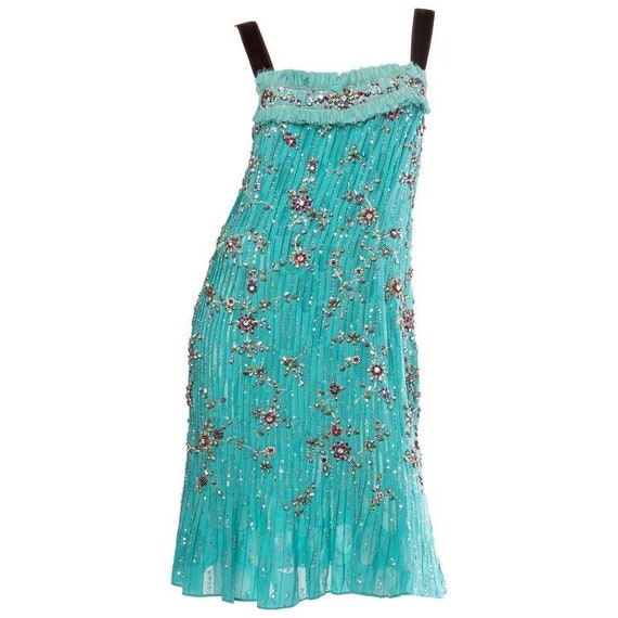 2000S CAROLINA HERRERA Turquoise Silk Burnout Chi… - image 1