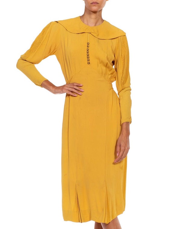 1930S Mustard Yellow Rayon Crepe Caplet Dress Wit… - image 9