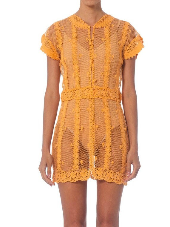 1980S Coral Floral Cotton Hand Crochet Short Sleev