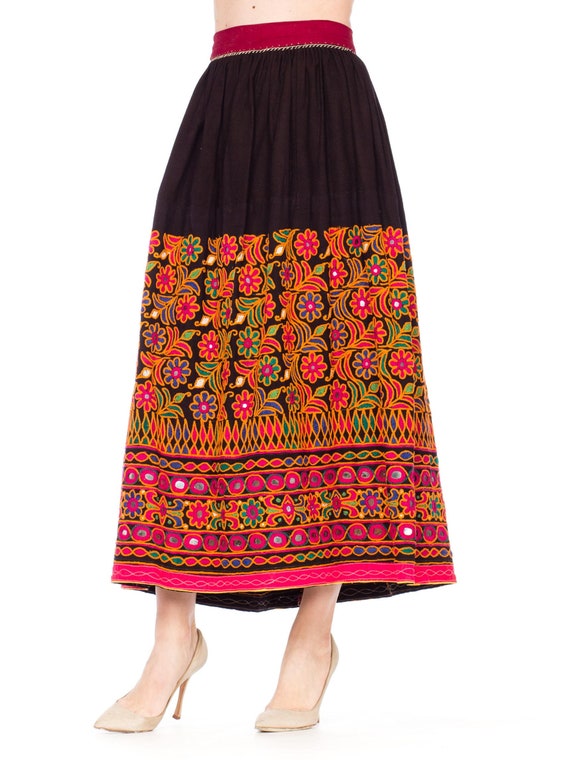 1960S Black Cotton Indian  Skirt Embroidred In Or… - image 1
