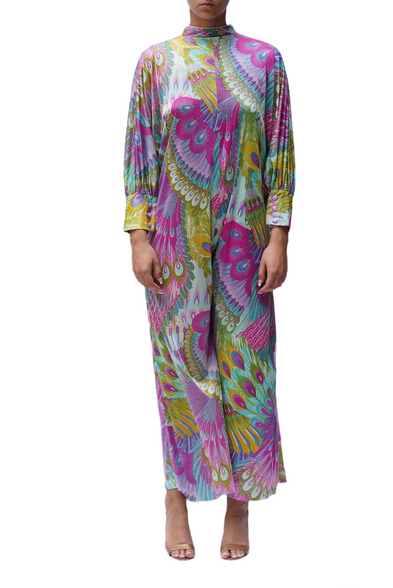 1970S Multicolor Peacock Print Jumpsuit afbeelding 2