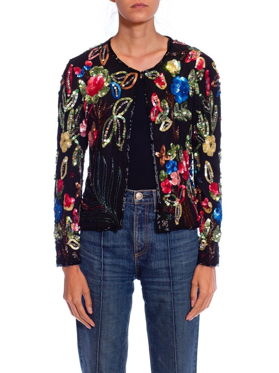 1980S Black Silk Colorful Floral Sequined Top