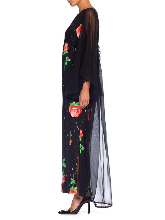 1970S Black Polyester Jersey Rose Print Maxi Dres… - image 2