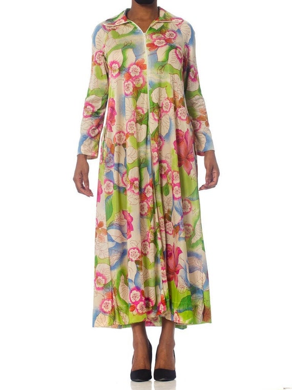 1970S Floral Slinky Nylon Kaftan With Pockets