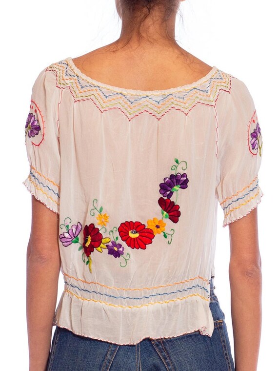 1940S White Hand Embroidered Rayon Chiffon Top - image 6