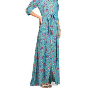 1940S Blue & Pink Floral Cold Rayon Zipper Front Dress image 5