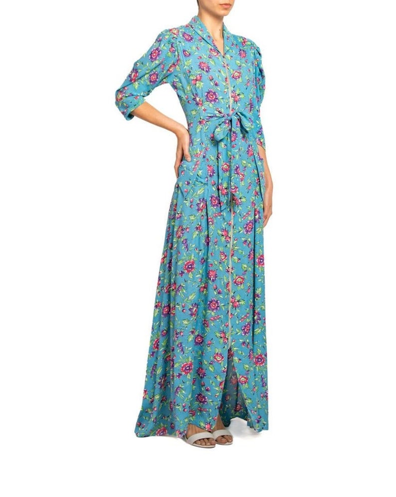 1940S Blue & Pink Floral Cold Rayon Zipper Front Dress image 5