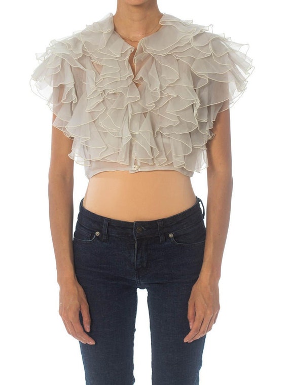 1980S White Polyester Organdy Ruffled Top